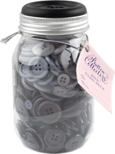 , Gray and Black Mason Jar of Craft Sewing Buttons
