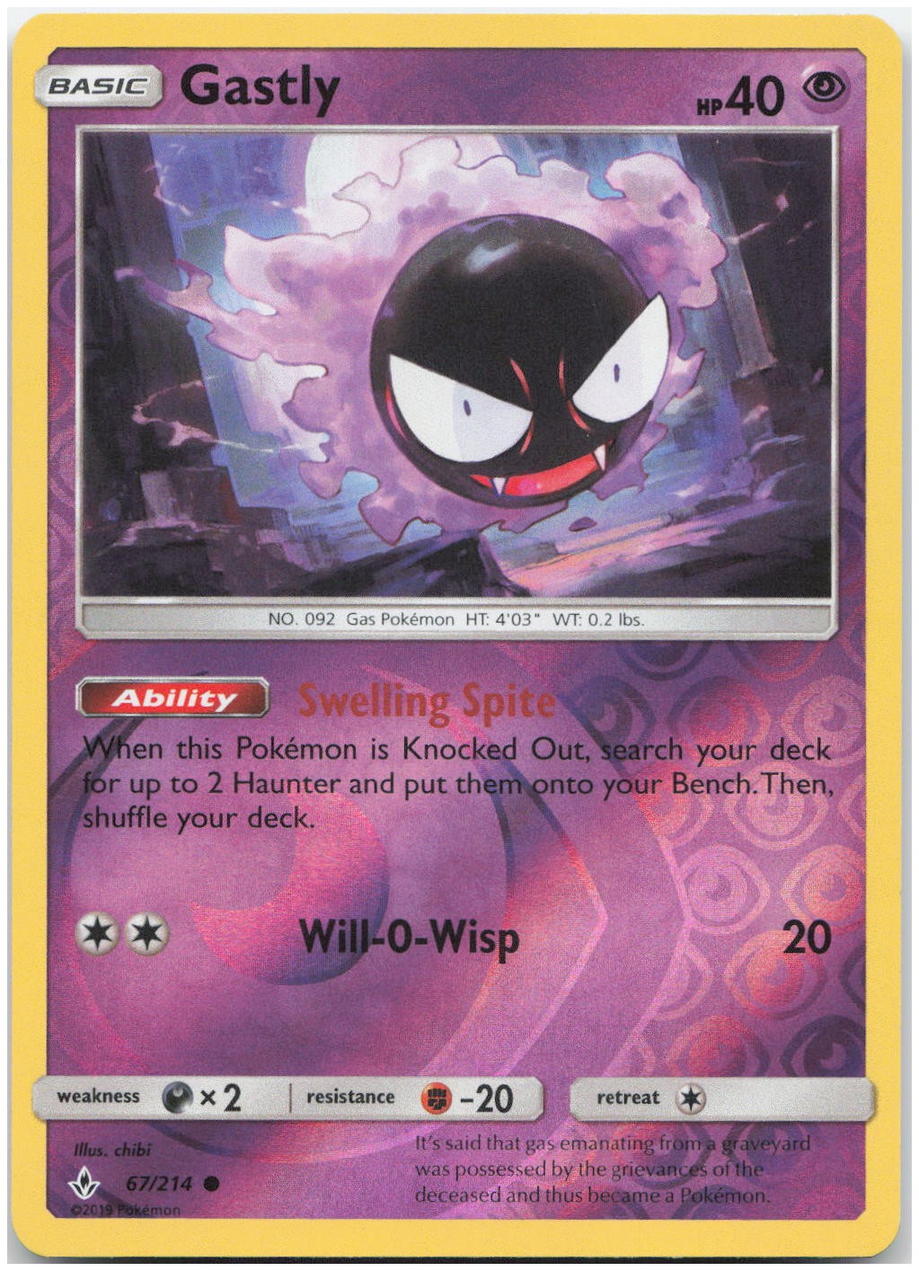 Gastly (67) -Reverse Holo  67/214 SM10 SM - Unbroken Bonds LP-NM