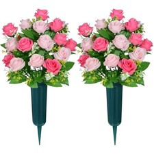 Artificial Cemetery Flowers with Vase, Headstone Flowers Rose Bouquet, Pink