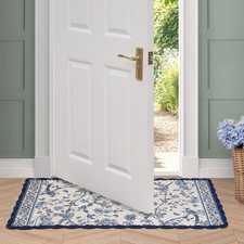 Cotton Crochet Border Summer Palace Indigo Floral Machine Washable & Slip Resist