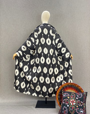 Handmade Uzbek Ikat Chapan Black White Kimono Robe Boho Cotton Kaftan Belt
