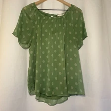 LC Lauren Conrad Green Polka Dot Womens L Blouse Flowy Sheer Chiffon Boho EUC