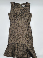 Calvin Klein Black Gold Metallic Brocade Dress Womens 2 Sleeveless Flounce Hem
