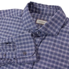 Canali Mens L Blue Check Plaid LS Button Front Shirt Made in Italy 100 Cotton