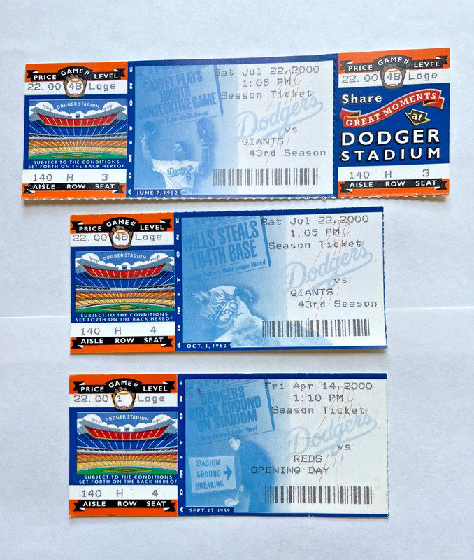Lot of (3) Los Angeles Dodgers Ticket Stubs, 2000