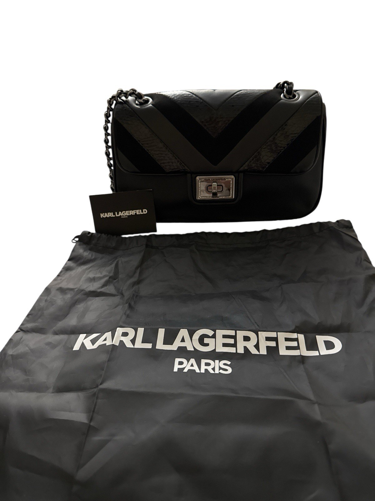Karl Lagerfeld Paris Shoulder Bag Purse Quilted Black Leather Embellished Charms