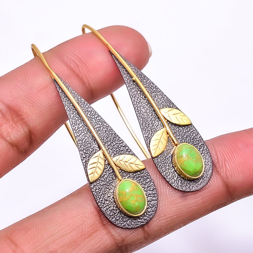 Copper Green Turquoise 925 Silver Black&Gold Plated Earring 2.15