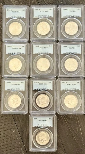 (10) Kennedy Half Dollars 90% Silver Lot. PCGS (1)MS65(5)MS64(3)MS63(1)MS62 BU