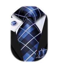 Mens Plaid Ties Classic Paisley Necktie with Handkerchief Plaid Black Blue