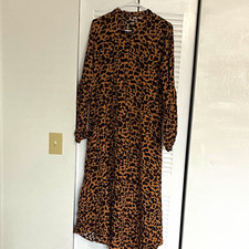 Leopard Print Brown Black Shirt Dress V-Neck Button Front Elastic Waist Midi M
