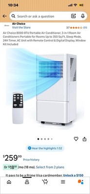 Air Choice 8000 BTU Portable Air Conditioner, Remote, 350 Sq Ft