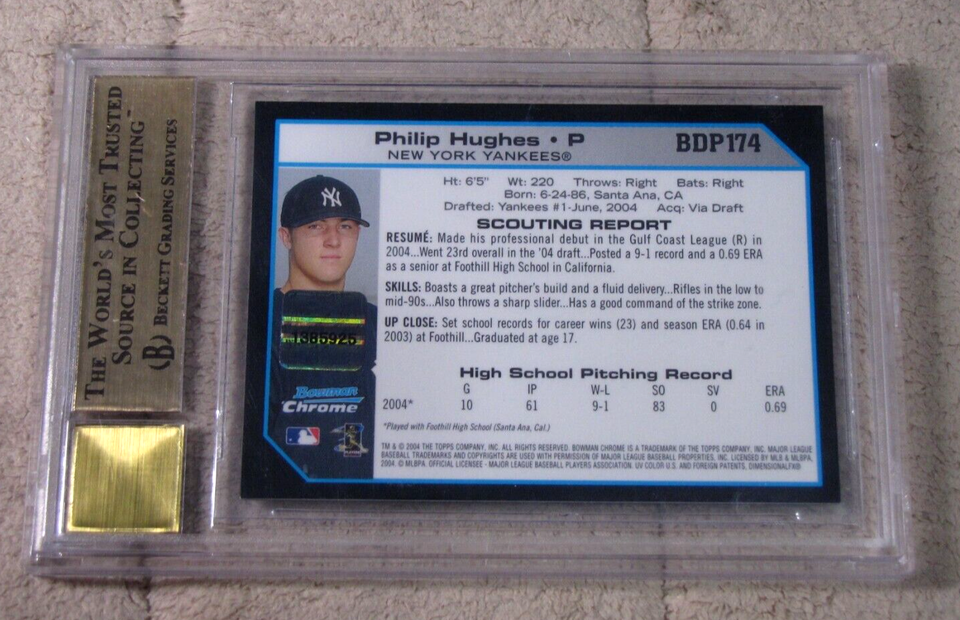 2004 Bowman Draft Picks Chrome BDP174 Philip Hughes Autograph BGS 9.5