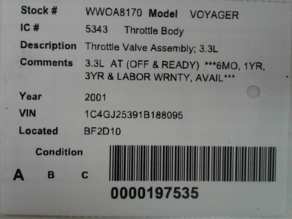 Used Fuel Injection Throttle Body fits: 2001 Chrysler Voyager Throttle Valve Ass - Imagem 4 de 4