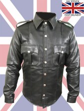 Mens Black Faux Leather Police Uniform Style Full Sleeves Military Fashion Shirt