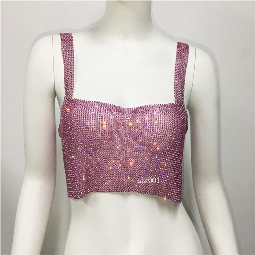Night Club funkelnder Kristall Strass Metall Kettenhemd Neckholder drapiert BH Crop Top - Bild 22 von 25