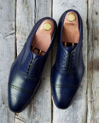 Men's Real Leather Handmade Navy Blue Oxford Shoes Premium Leather Dress  Shoes | eBay