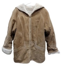 Unisex Sheepskin Shearling Suede Leather Bomber Aviator Jacket L With Hood