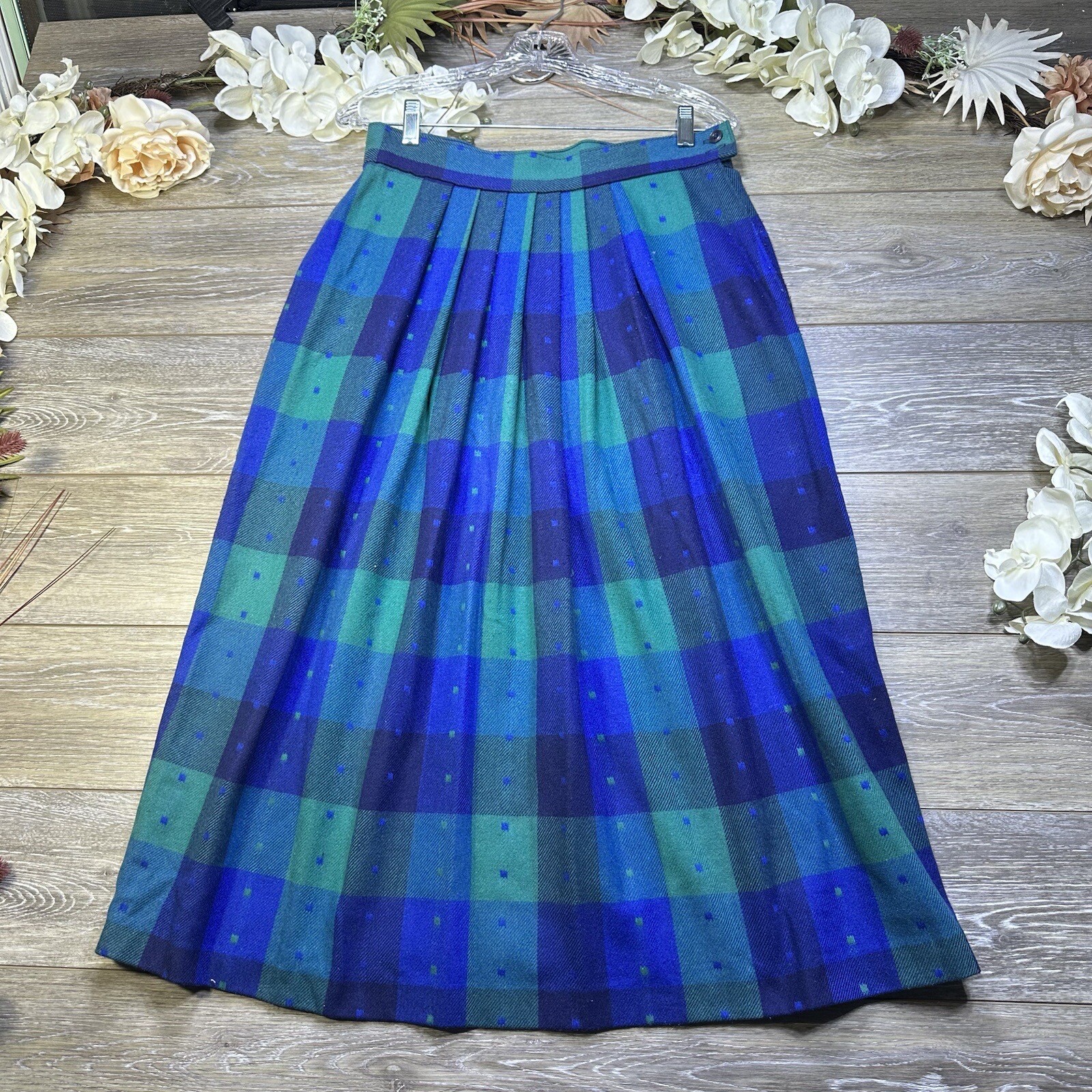 Vintage Wool Plaid Skirt Size 14 Green Blue Plaid MID… - Gem