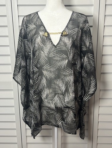 Michael Kors Palm Print V-Neck Poncho Tunic Top Size 1X Black, White & Gold