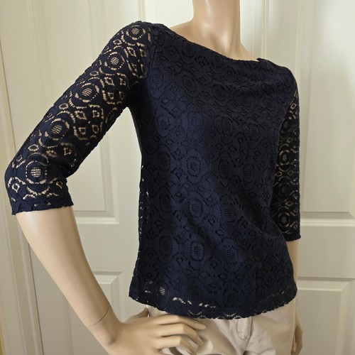 Banana Republic Lace 3/4 Sleeve Shirt SZ 4(S) Navy Blue - Picture 4 of 8