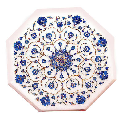1'x1' White Marble End Coffee Side Table Top Lapis Stone Mosaik Floral Decorate