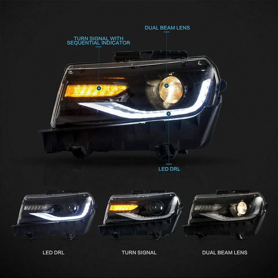 Pair LED&DRL Sequential Dual Beam Head Lamp Headlight For 2014-2015 Chevy Camaro - Image 3 of 4