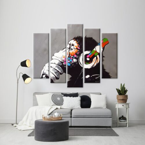 Banksy DJ Monkey, Gorilla Chimp Canvas Wall Art, Banksy Thinking Monkey, Headpho - Picture 5 of 10