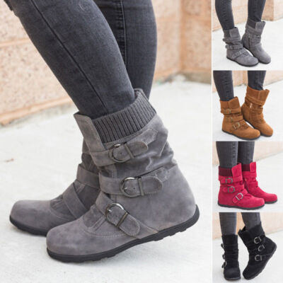 Women Slouch Buckle Ankle Boots Ladies Winter Warm Flat Heel Booties Shoes New