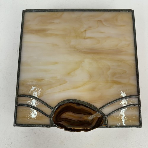 Hand Made Stained Glass Jewelry Trinket Box Orange Cream with Agate w/Hinged Lid - Picture 8 of 12
