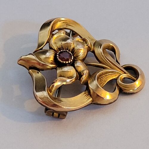 04K36 ANCIENNE BROCHE ART NOUVEAU GRENAT RUBIS BIJOU 1900 PLAQUE OR FIX - Photo 2 sur 5