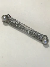 Estate Small Clear Rhinestone & Faux White Pearl Silvertone Art Deco Style Bar 