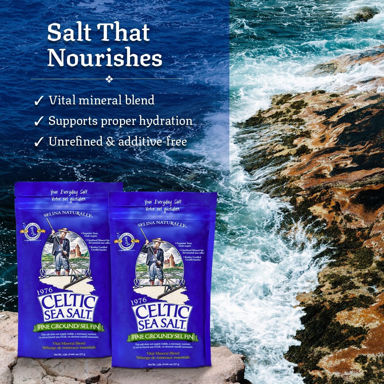 Elevate Meals with Fine Ground Mineral Sea Salt, 2-Pack, 1 lb Bags - Kosher