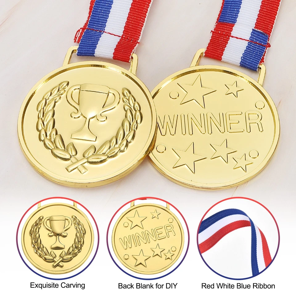 12 Pcs 2" Gold Award Metals, Winner Medals with Neck Ribbon Foto 3 de 4