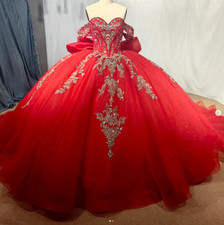 Red Princess Quinceanera Dresses with Bow Gold Glitter Sweet 15 16 Ball Gowns