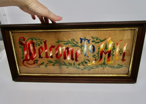 Antique Welcome to All Victorian motto sign picture paper punch embroidery frame