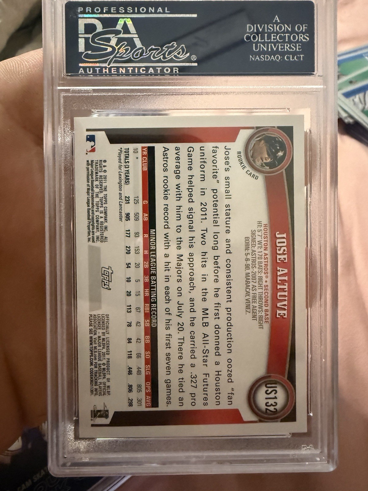 Topps 2011 Update Jose Altuve #US132 Rookie RC PSA 10 Houston Astros view 2