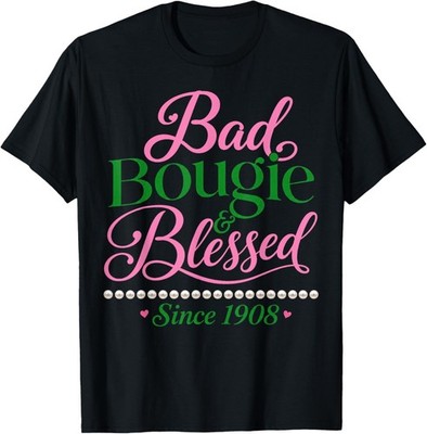 Bad Bougie & Blessed 1908 with 20 Pearls Pinkand Green T-Shirt