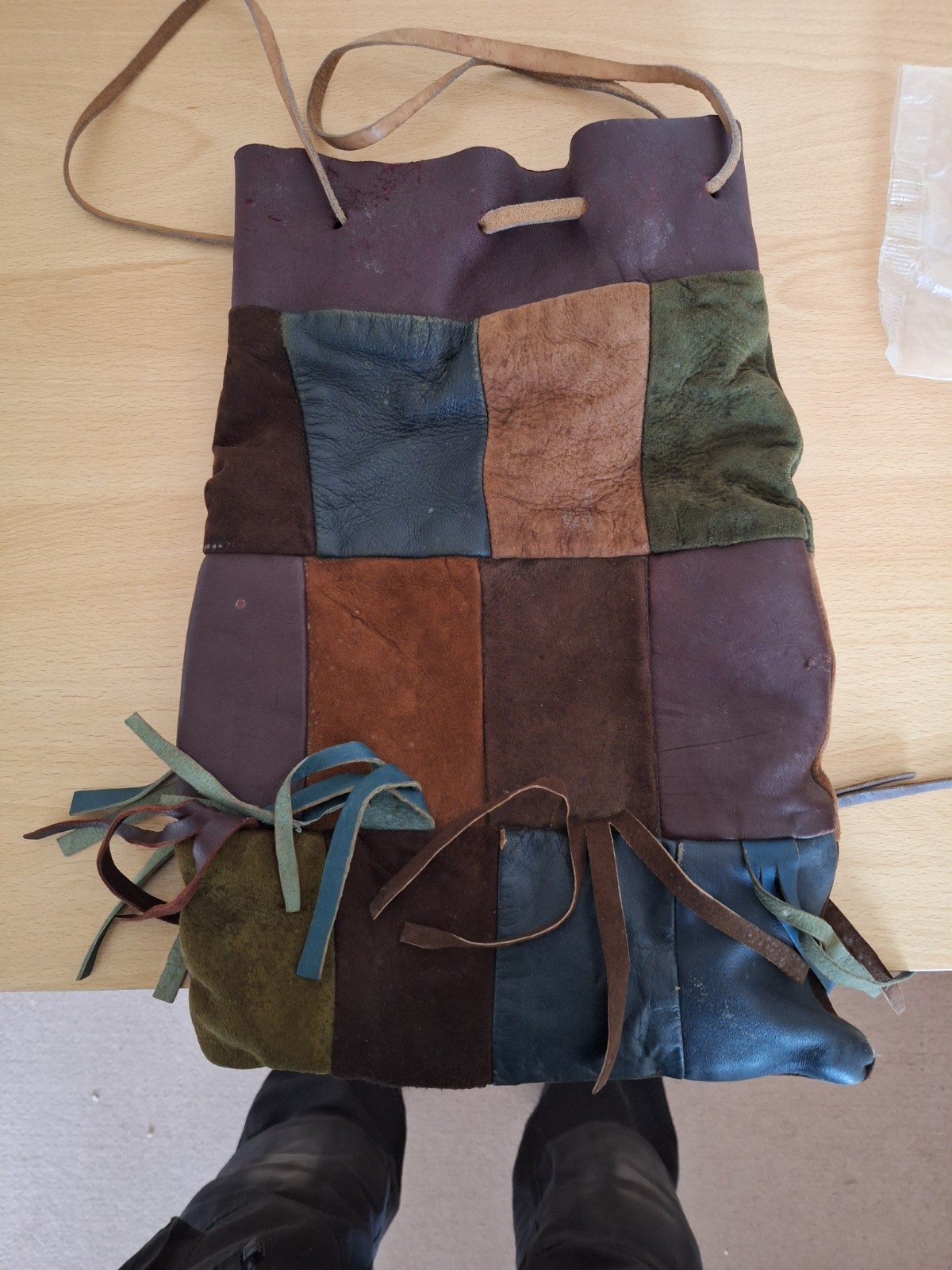 Leather Patchwork Drawstring Bag - image 1