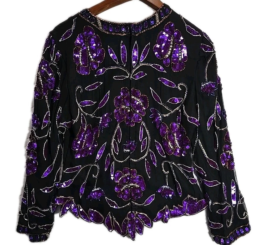Винтажный Laurence Kazar Нью-Йорк гламурный шелк блестки бисером верхний размер XL черный фиолетовый - Изображение 3 из 4