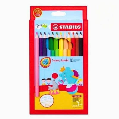 12 Stabilo Jumbo Colored Pencils Swans Set with Free Sharpener Kids Drawing