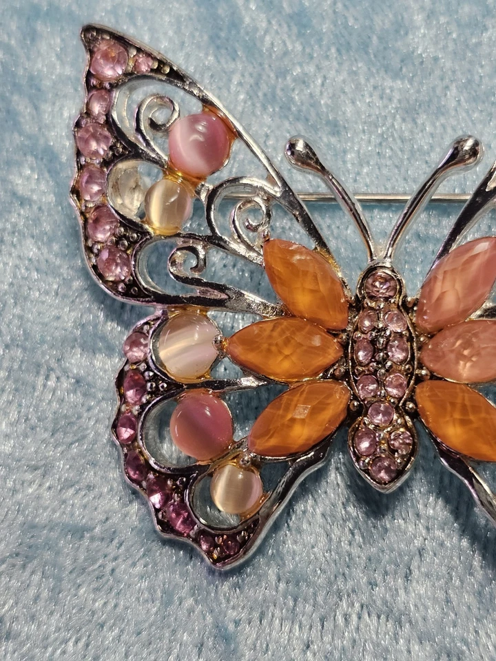Broche Mariposa Firmado Liz Claiborne Rosa Magnate Cabujón Ojos de Gato Estrás Foto 3 de 4