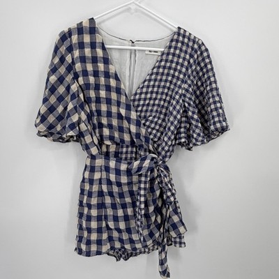 Day + Moon Blue White Gingham Wrap Romper Women's S Tie Waist Cottagecoe