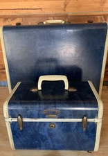 Vintage Samsonite Luggage Set 2 - Blue Marble Key Nice Ladies Train Case Travel 