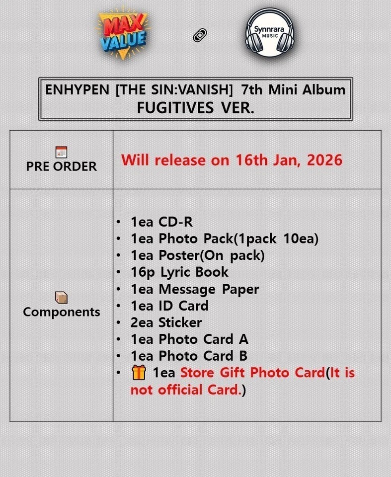 ENHYPEN 'THE SIN:VANISH' 7th Mini Album (FUGITIVES Ver.) - CD + Photobook + Poster + 3 Cards, K-POP Sealed