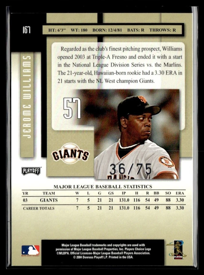 2004 Playoff Prestige Xtra Bases Black Jerome Williams 36/75 San Francisco - Image 2 of 2