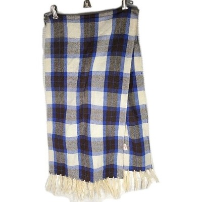 Vtg 50s Blue Plaid Scarf Wool Blend Pinup Fringe Winter Vicara Poly 14x54 Retro