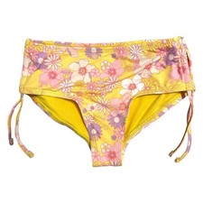 Miken Swim Yellow Floral High Waisted Bikini Bottoms Side Ties Girl's 10 Beach