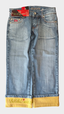 Bluequeen Damen Capri Jeans Gr. 25 Hellblau Stretch & Schriftzug
