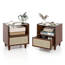2 PCS Bamboo Rattan Nightstand Boho Bedside End Table w/ Drawer Wood Legs Brown