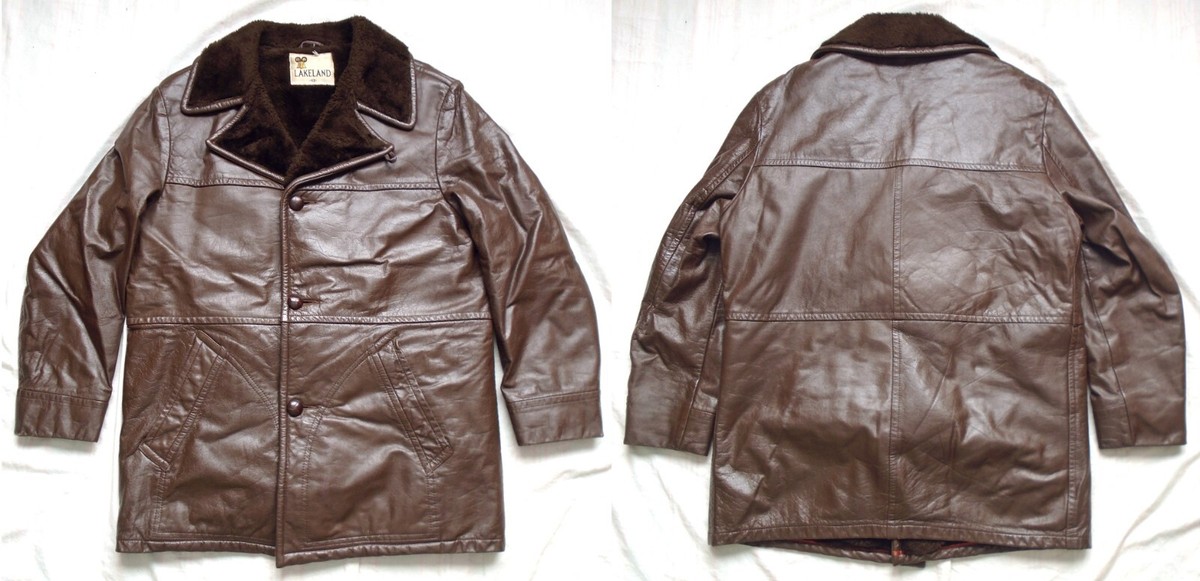 Vintage 80s Lakeland Leather Jacket Button Overcoat Brown Fur